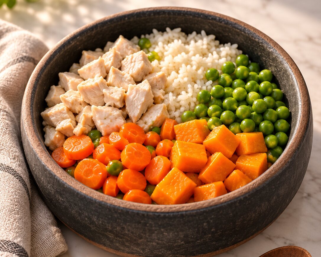 A stoneware bowl of RebelFood: chopped chicken, white rice, peas, carrots and sweet potato