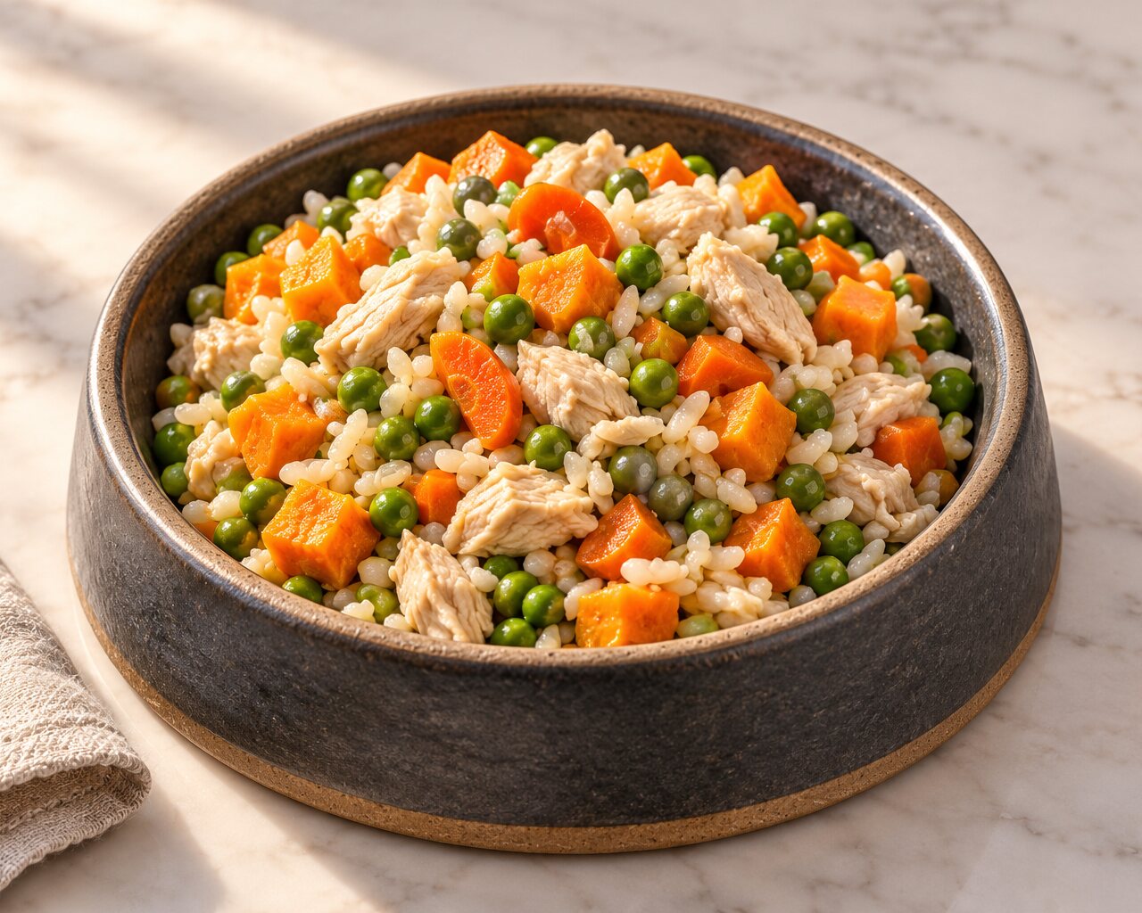 Chicken & Rice: chicken, white rice, sweet potato, carrots and peas in a stoneware bowl