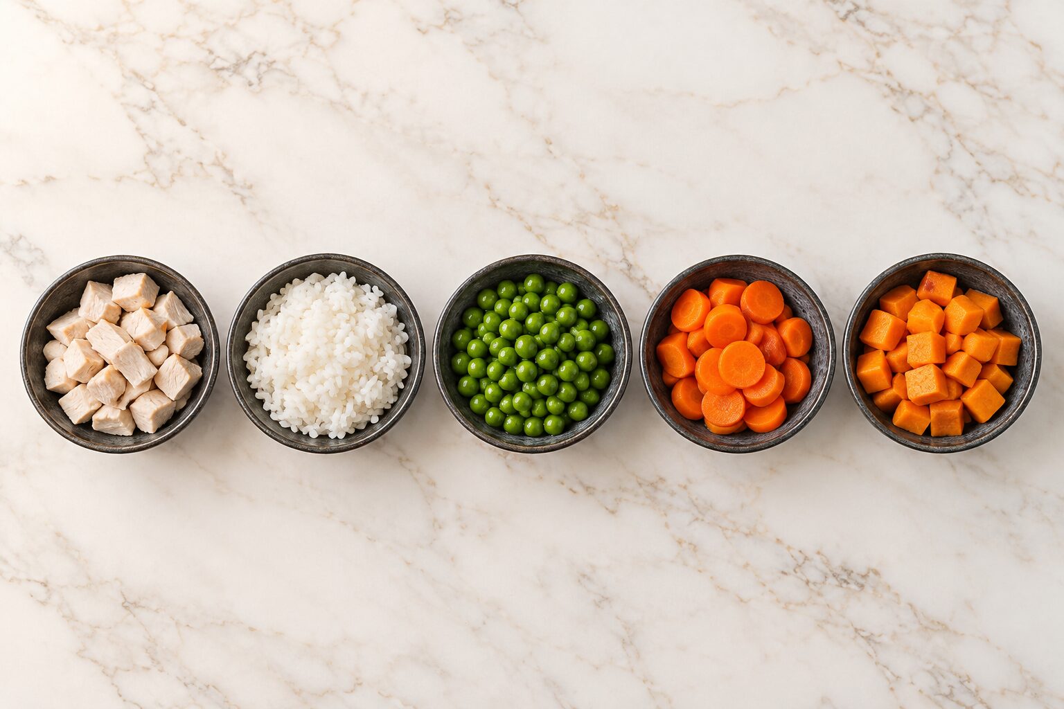 Raw chicken breast, white rice, sweet potato, carrots and peas laid out on a counter