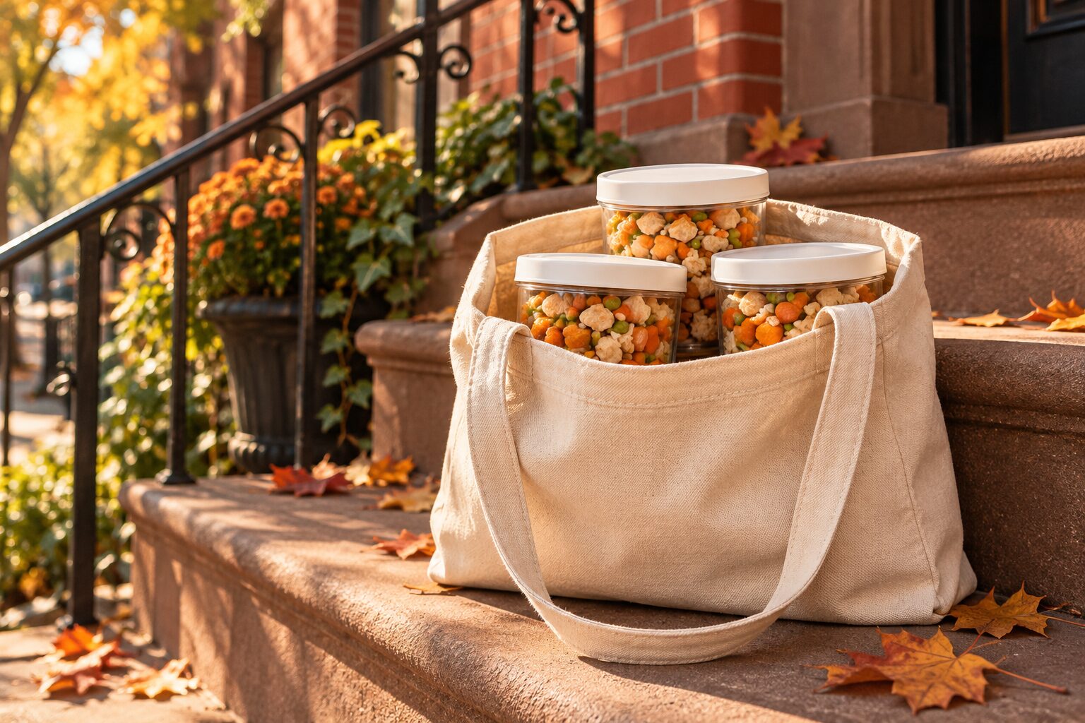 A canvas tote with three containers of RebelFood on a Brooklyn stoop